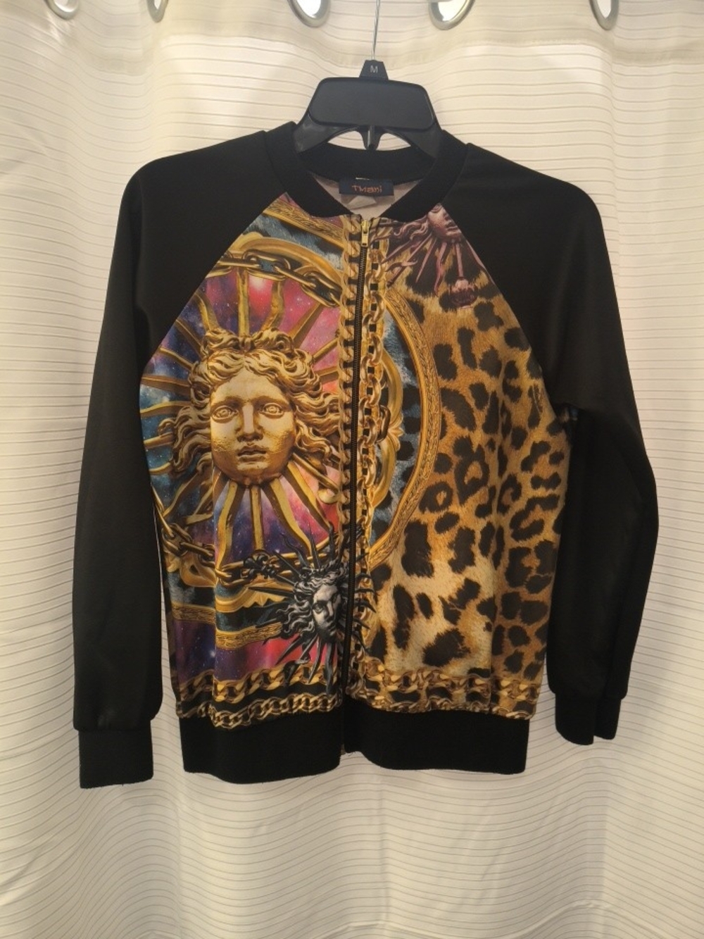Sun Medallion & Leopard Zip-Up Sweater Jacket - Black/Gold